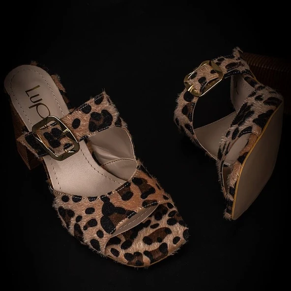 Trend Adımlar Krem Leopar Süet Desenli Kadın Topuklu Terlik - Resim 6