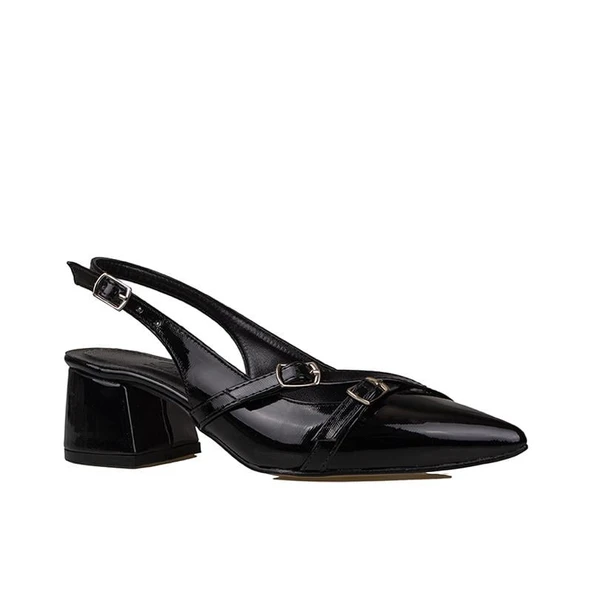 Trend Adımlar Siyah Rugan Çift Toka Arkası Açık Kadın Klasik Ayakkabı ürün görseli