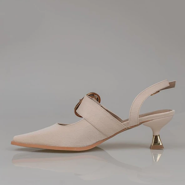 Trend Adımlar Krem Fındık Topuk Kadın Taş Tokalı Klasik Ayakkabı - Resim 3