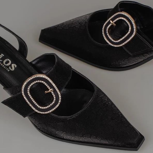 Trend Adımlar Siyah Fındık Topuk Kadın Taş Tokalı Klasik Ayakkabı - Resim 5