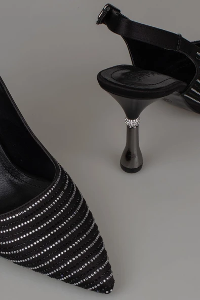 Trend Adımlar Siyah Saten Taş İşlemeli Kadın Klasik Ayakkabı - Resim 5