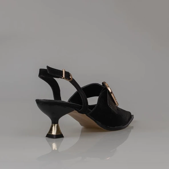 Trend Adımlar Siyah Fındık Topuk Kadın Taş Tokalı Klasik Ayakkabı - Resim 3