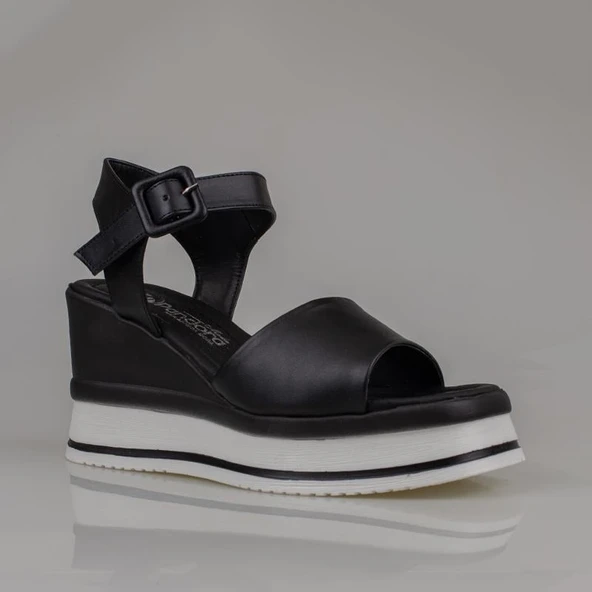 Trend Adımlar Siyah Tek Şerit Dolgu Topuk Kadın Sandalet - Resim 2