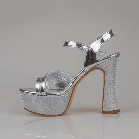 Trend Adımlar Gümüş Kadın Platform Kalın Topuk Abiye Ayakkabı - Resim 3