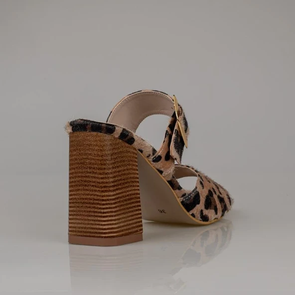 Trend Adımlar Krem Leopar Süet Desenli Kadın Topuklu Terlik - Resim 4