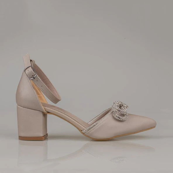 Trend Adımlar Krem Taşlı Fiyonk Detaylı Kadın Saten Klasik Ayakkabı - 2