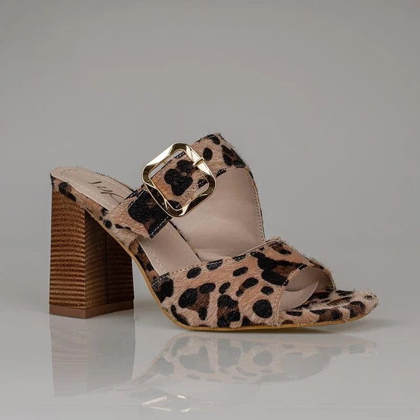 Trend Adımlar Krem Leopar Süet Desenli Kadın Topuklu Terlik - Resim 2