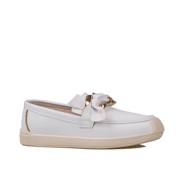 Trend Adımlar Beyaz Fiyonk Detaylı Kadın Loafer Ayakkabı - 1