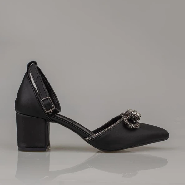 Trend Adımlar Siyah Taşlı Fiyonk Detaylı Kadın Saten Klasik Ayakkabı - Resim 2