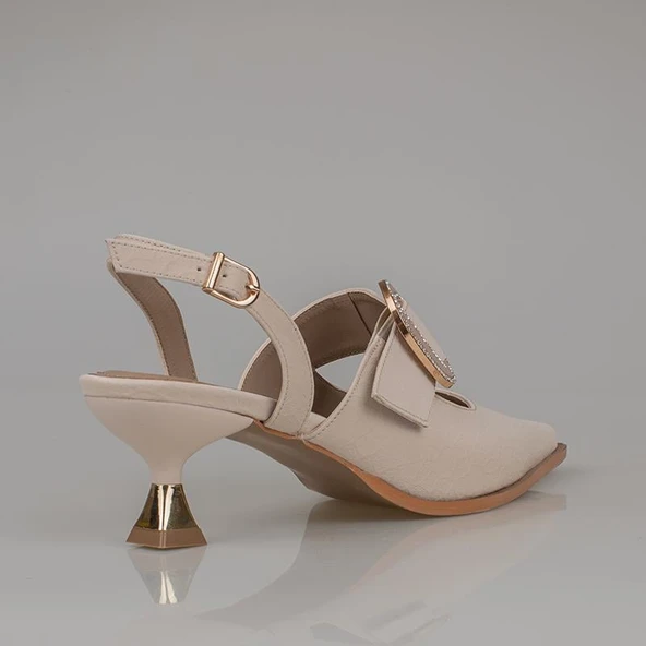 Trend Adımlar Krem Fındık Topuk Kadın Taş Tokalı Klasik Ayakkabı - Resim 4