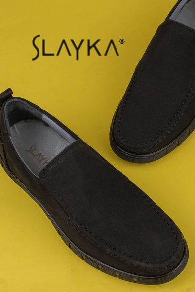 Slayka Siyah Hakiki Nubuk Deri Bağcıksız Erkek Casual Ayakkabı - Resim 6