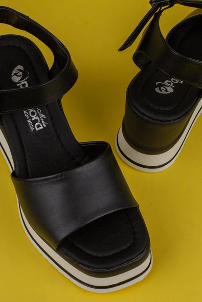 Trend Adımlar Siyah Tek Şerit Dolgu Topuk Kadın Sandalet - Resim 6