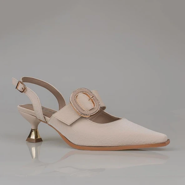 Trend Adımlar Krem Fındık Topuk Kadın Taş Tokalı Klasik Ayakkabı - Resim 2