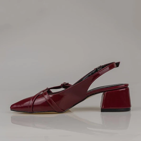 Trend Adımlar Bordo Rugan Çift Toka Arkası Açık Kadın Klasik Ayakkabı - Resim 3