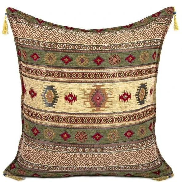 Kilim Desen (70cmx70cm) Şönil Kumaş Püsküllü Kare Ev Bahçe Minder Kılıfı NO14