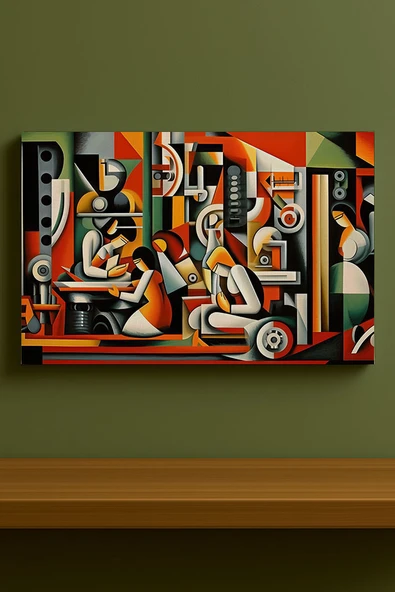 Modern Mekanik Kübizm Tablosu  Soyut Sanat Kanvas Baskı  %100 Pamuk Dokulu Premium Kalite - 4