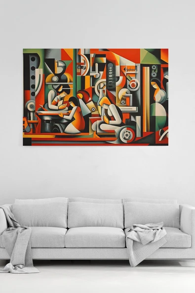 Modern Mekanik Kübizm Tablosu  Soyut Sanat Kanvas Baskı  %100 Pamuk Dokulu Premium Kalite - 1