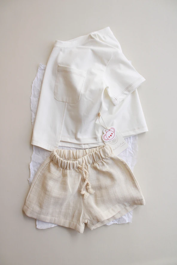 Bej Kontrast Dikişli Asimetrik Şortlu Takım - Resim 8