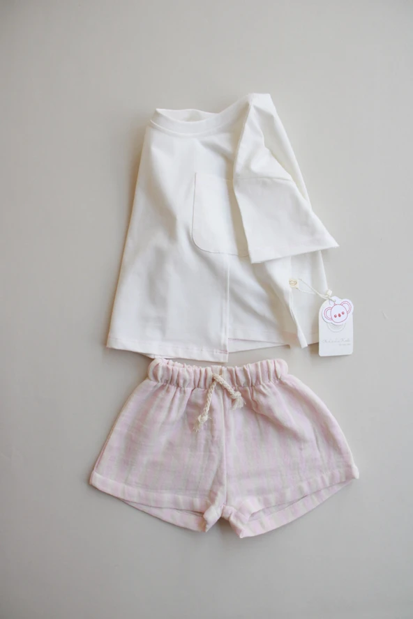 Pembe Kontrast Dikişli Asimetrik Şortlu Takım - Resim 2