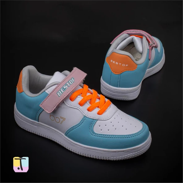 Trend Adımlar Mavi Suni Deri Mevsimlik Filet Unisex Çocuk Sneaker - 5