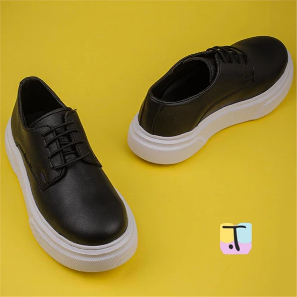 Trend Adımlar Siyah Deri Lastik Bağcıklı Erkek Çocuk Casual Ayakkabı - Resim 5