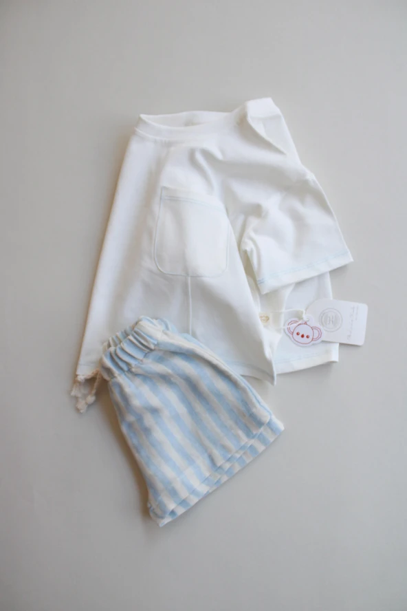 Mavi Kontrast Dikişli Asimetrik Şortlu Takım - Resim 7