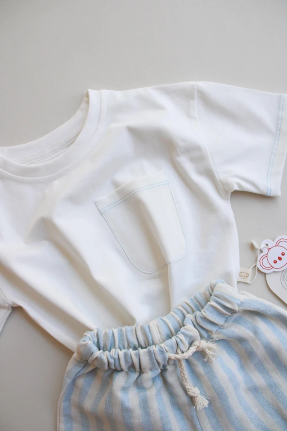 Mavi Kontrast Dikişli Asimetrik Şortlu Takım - Resim 6