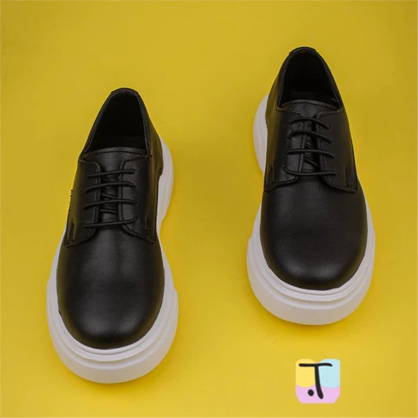 Trend Adımlar Siyah Deri Lastik Bağcıklı Erkek Çocuk Casual Ayakkabı - Resim 4