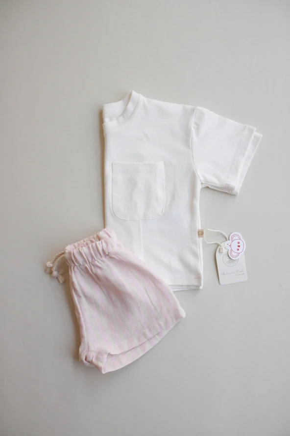 Pembe Kontrast Dikişli Asimetrik Şortlu Takım - Resim 7