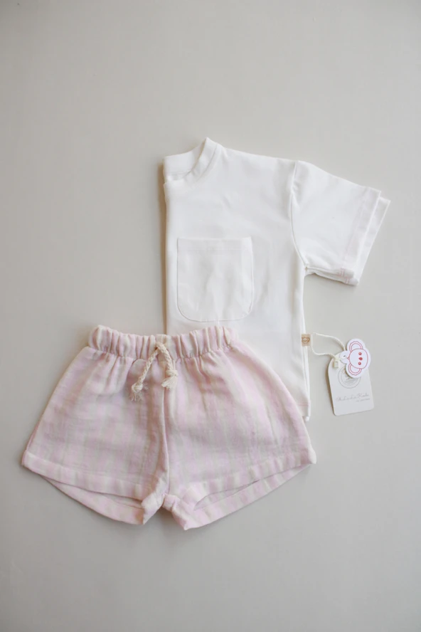 Pembe Kontrast Dikişli Asimetrik Şortlu Takım - Resim 4