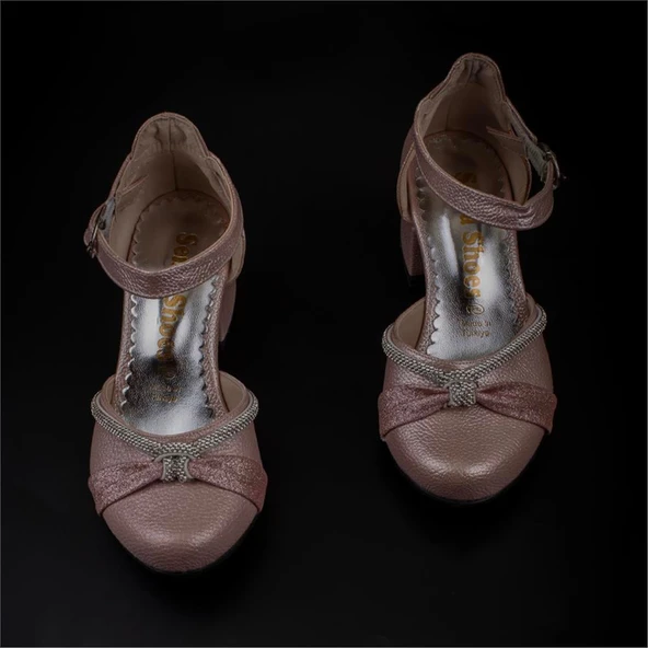 Trend Adımlar Pembe Burnu Kapalı Taş İşleme Kız Çocuk Klasik Ayakkabı - Resim 4