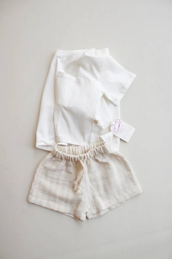 Bej Kontrast Dikişli Asimetrik Şortlu Takım - Resim 2