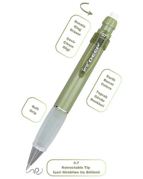 Serve Deep Mekanik Kurşun Kalem 07mm Grip ve Silgi Yedekli Set Yaprak Yeşili - 3
