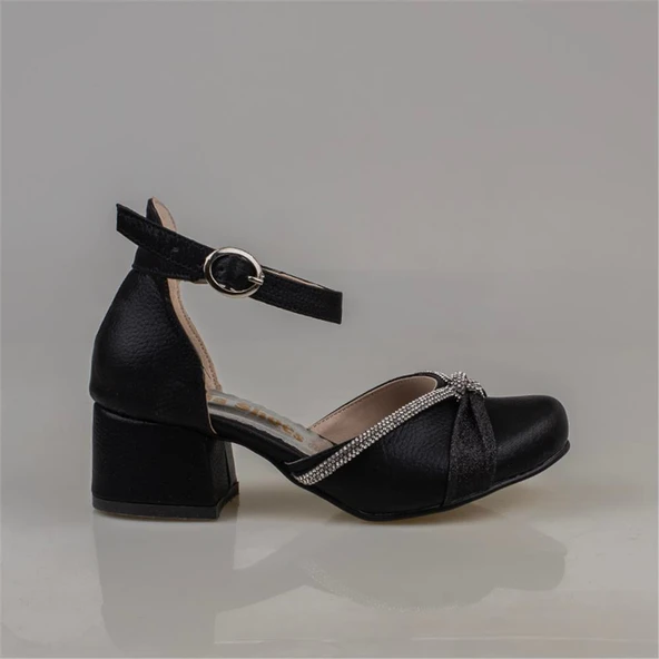 Trend Adımlar Siyah Burnu Kapalı Taş İşleme Kız Çocuk Klasik Ayakkabı - Resim 2