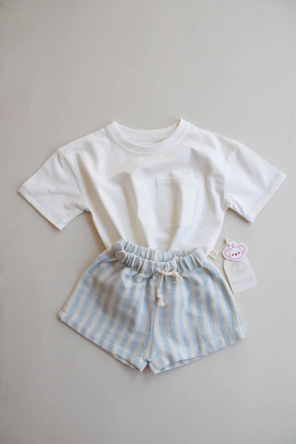 Mavi Kontrast Dikişli Asimetrik Şortlu Takım - Resim 5