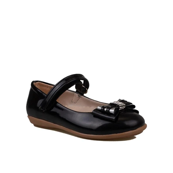 Trend Adımlar Siyah Parlak Fiyonklu Kız Çocuk Babet ürün görseli