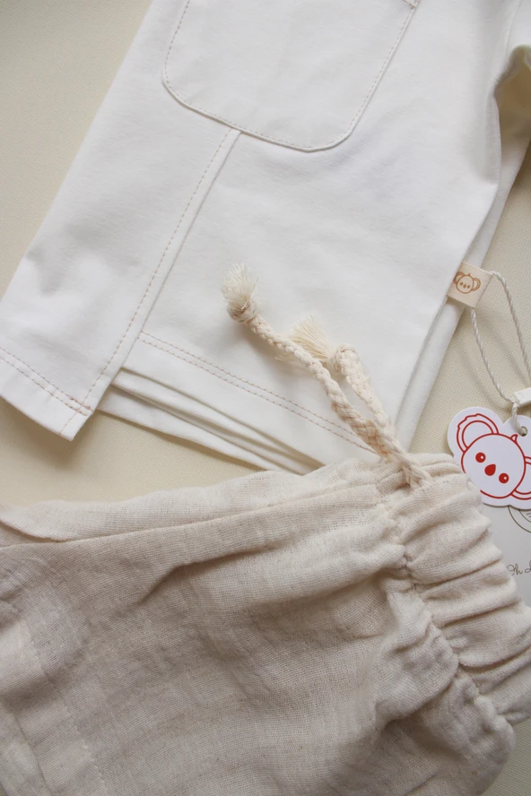 Bej Kontrast Dikişli Asimetrik Şortlu Takım - Resim 7