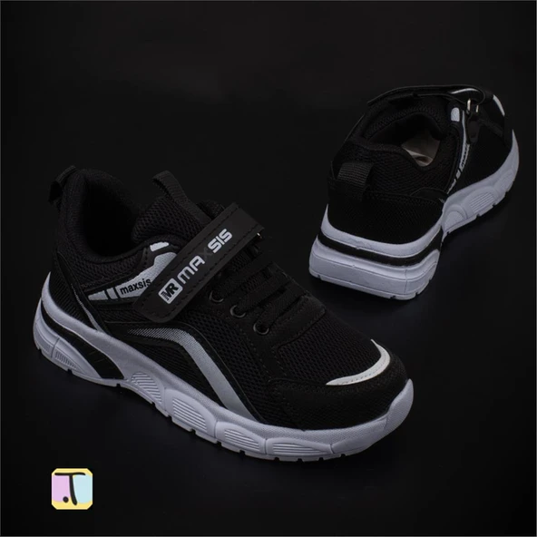 Trend Adımlar Siyah-Beyaz Cırt Cırtlı Unisex Çocuk Spor Ayakkabı - Resim 4