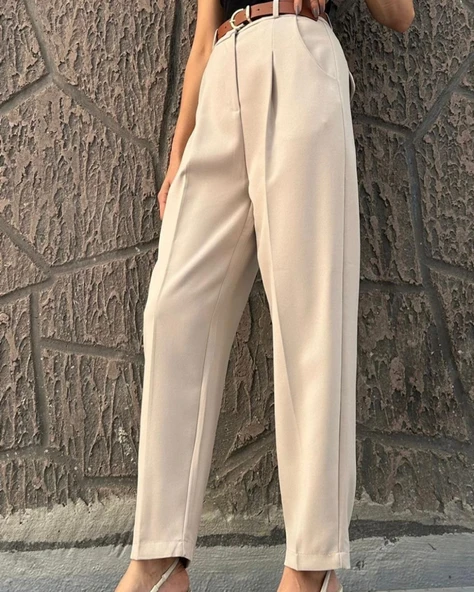 Kadın Yüksek Bel Kemerli Pileli Kumaş  Pantolon