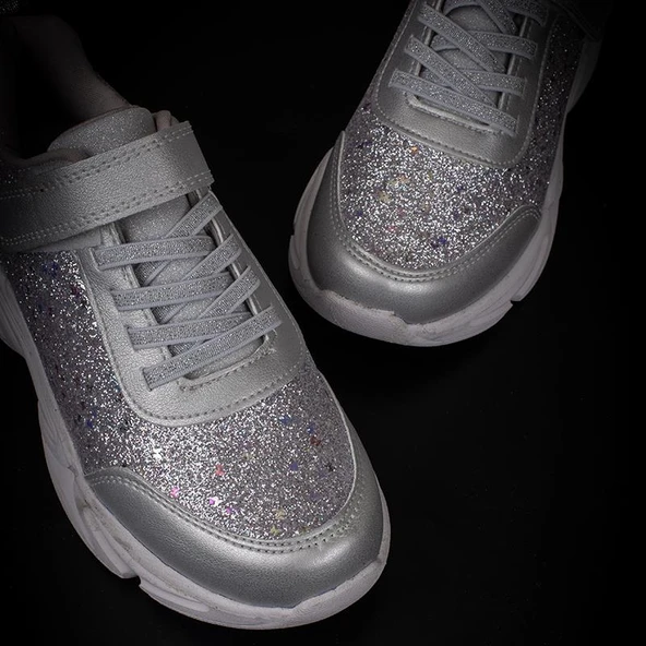 Trend Adımlar Gümüş Simli Saten Kız Çocuk Sneaker - Resim 5