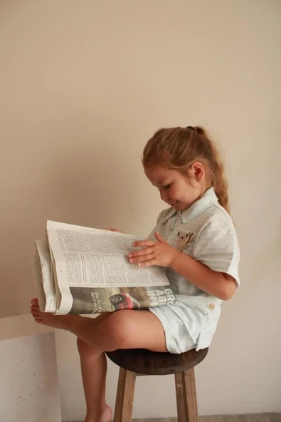 Mavi Çizgili Koala Nakışlı Polo Yaka Şortlu Takım - Resim 12