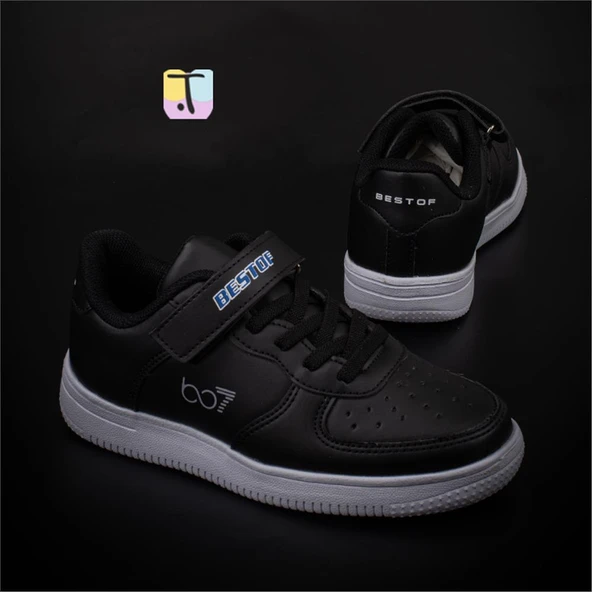 Trend Adımlar Siyah Suni Deri Mevsimlik Filet Unisex Çocuk Sneaker - 5