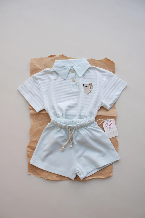 Mavi Çizgili Koala Nakışlı Polo Yaka Şortlu Takım ürün görseli