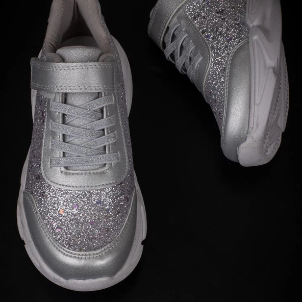 Trend Adımlar Gümüş Simli Saten Kız Çocuk Sneaker - Resim 4