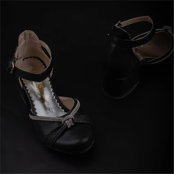Trend Adımlar Siyah Burnu Kapalı Taş İşleme Kız Çocuk Klasik Ayakkabı - Resim 5