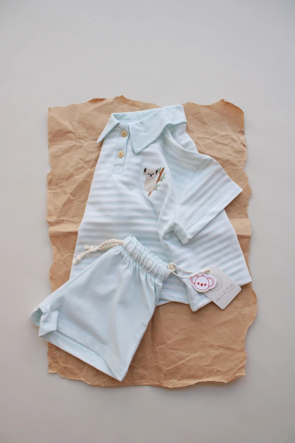 Mavi Çizgili Koala Nakışlı Polo Yaka Şortlu Takım - Resim 5