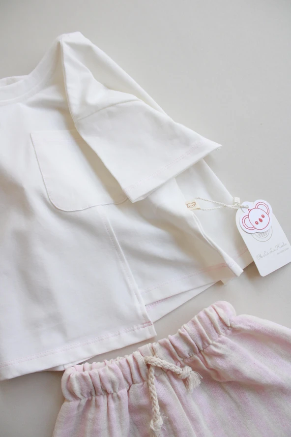 Pembe Kontrast Dikişli Asimetrik Şortlu Takım - Resim 6