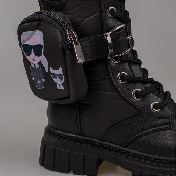 Trend Adımlar Siyah Cüzdan Detaylı Kız Çocuk Postal Bot - Resim 3