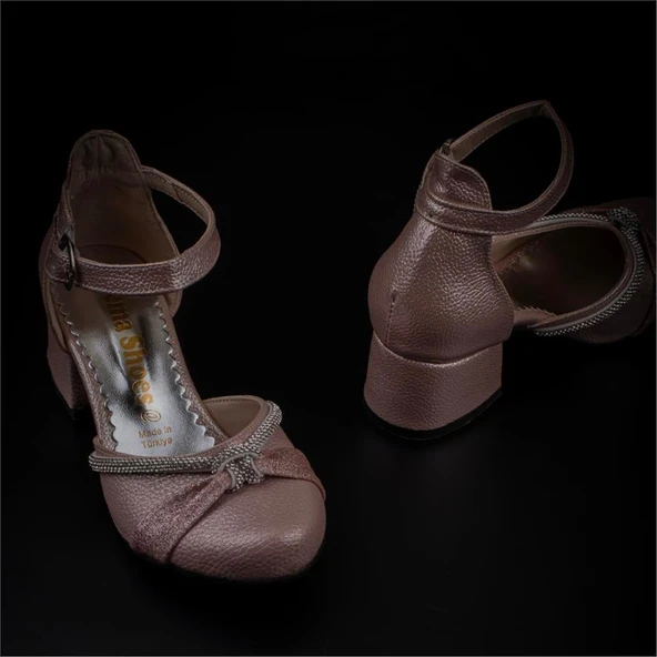 Trend Adımlar Pembe Burnu Kapalı Taş İşleme Kız Çocuk Klasik Ayakkabı - Resim 5