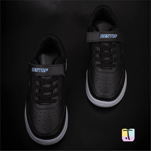 Trend Adımlar Siyah Suni Deri Mevsimlik Filet Unisex Çocuk Sneaker - 4